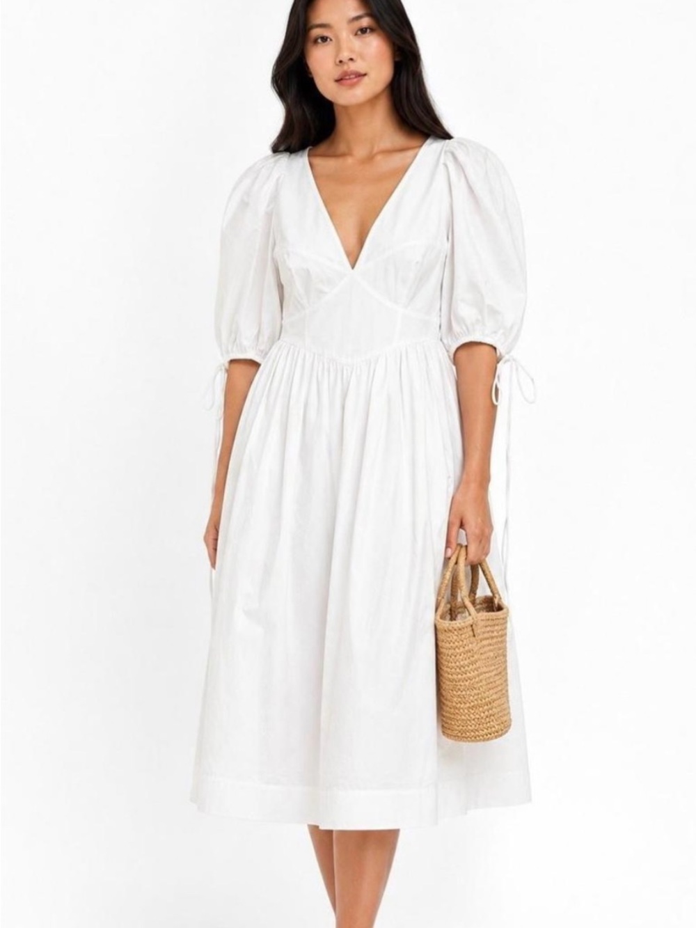 100% Cotton For Love And Lemons White V-Neck Puff Sleeve Midi Dress NWOT